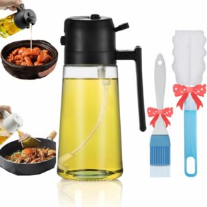 2 in 1 Oil Dispenser and Oil Sprayer, Upgraded Food-grade 16oz/470ml Oil Sprayer for Cooking, Olive Oil Sprayer Bottle Oil Sprayer Mister Oil Spritizer with Brush for Air Fryer, Salad, BBQ (Black)
