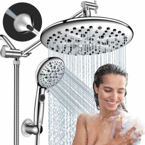 FEELSO Shower Heads with Handheld Spray Combo with ON/OFF Pause Switch, 10" High Pressure Rain 7 Settings Showerhead with 11" Adjustable Extension Arm, 9 Functions Anti-clog Handle Set with Power Wash